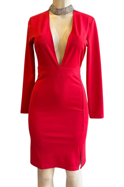 Red dress with long sleeves on a mannequin against a white background