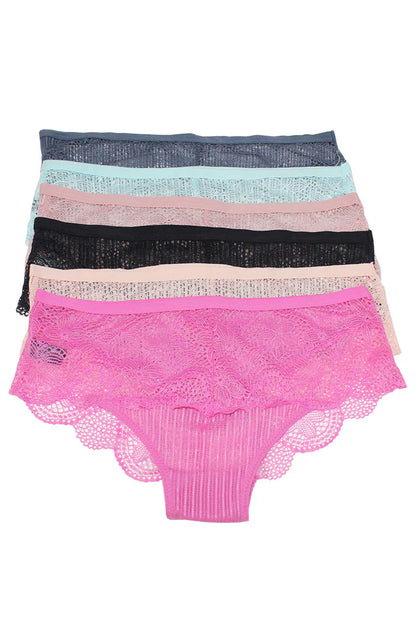 Set of women's underwear with pink, black, and multicolored options on a white background