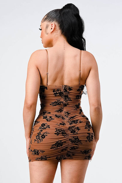 Lux Mesh Velvet Lily Flocking Contrast Bodycon Dress - Mocha