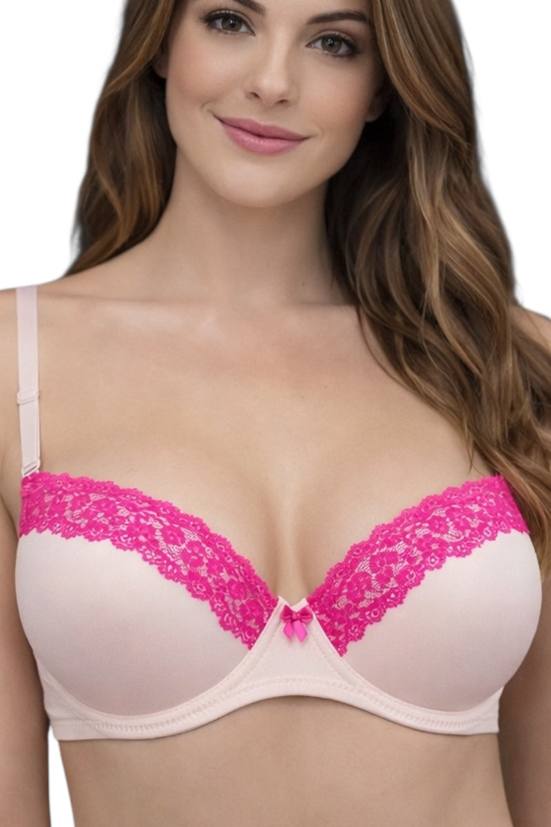 Woman wearing a pink and cream beige bra with lace details on a white background