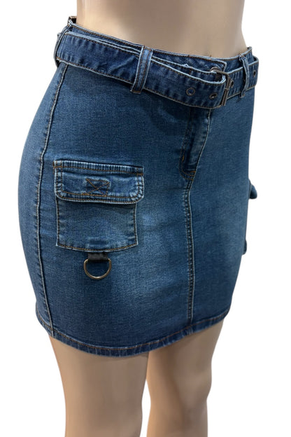 Blue denim skirt with a belt on a white background