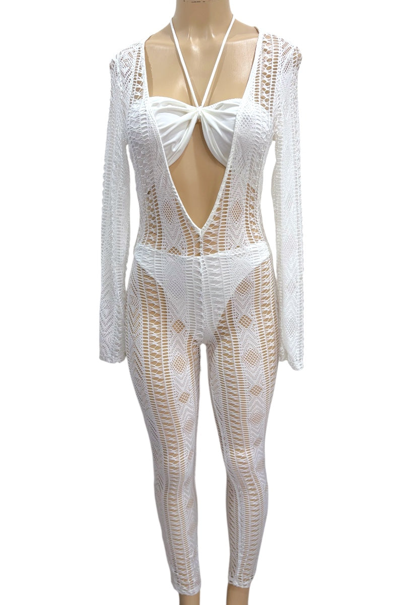 White crochet cover-up with long sleeves on a mannequin against a white background