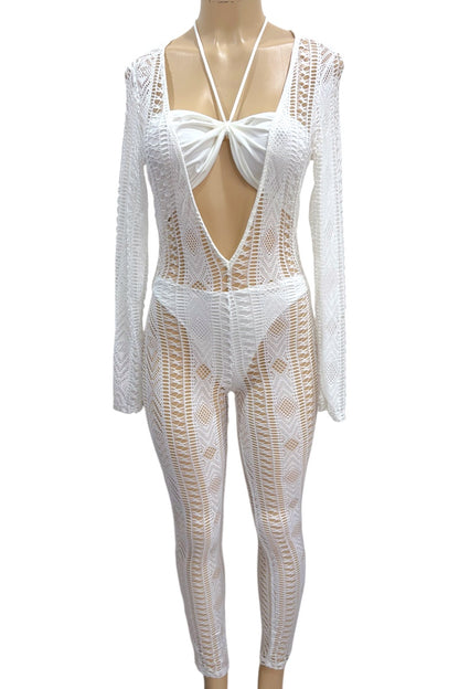 White crochet cover-up with long sleeves on a mannequin against a white background