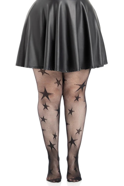 Black faux-leather mini skirt paired with sheer black fishnet tights featuring a star pattern, shown on a model from the waist down against a white background.