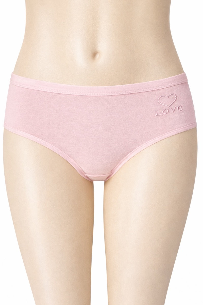 Pink underwear with 'love' embroidery on a white background