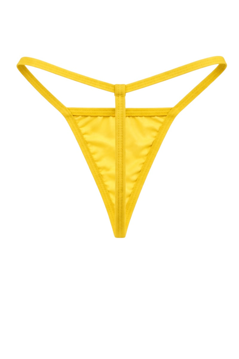 A bright yellow thong-style bikini bottom with a thin center front strap and a central back strap, shown flat against a plain white background.