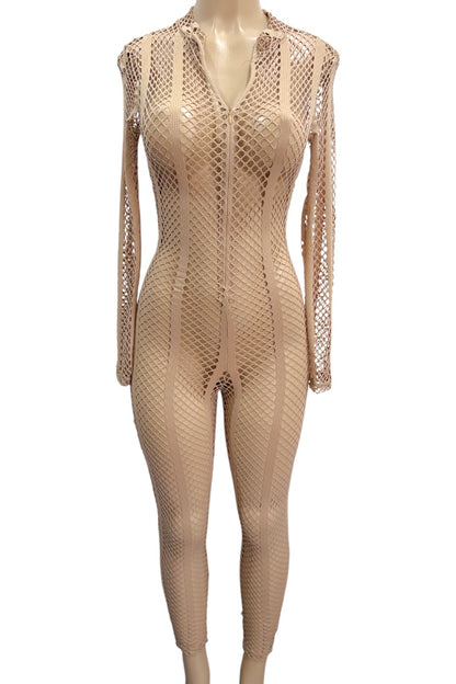 Beige fishnet bodysuit on a mannequin against a white background