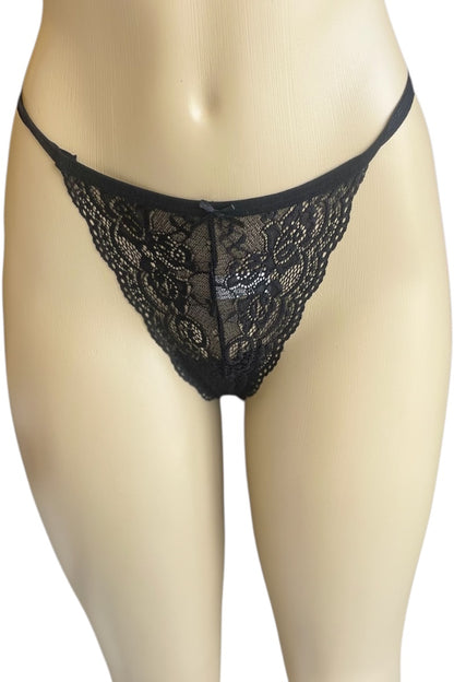 Black lace thong on a mannequin against a white background