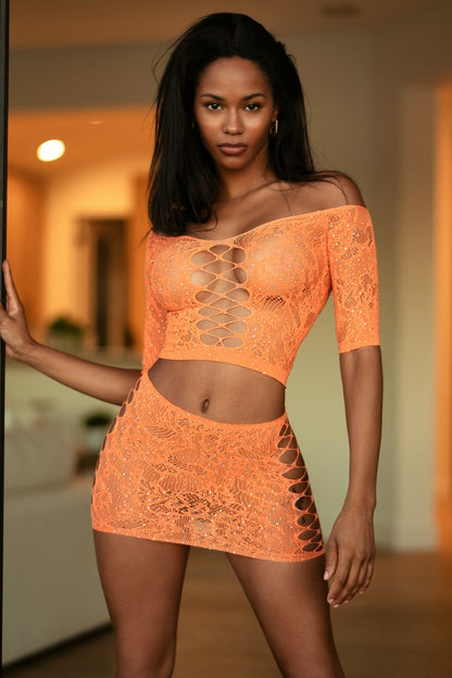 Diamond in the Rough Two-Piece Rhinestone Bodystocking Set w/ Thong - Orange