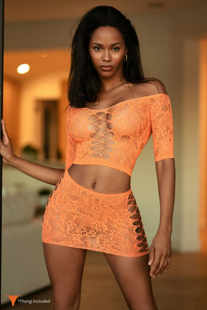 Diamond in the Rough Two-Piece Rhinestone Bodystocking Set w/ Thong - Orange