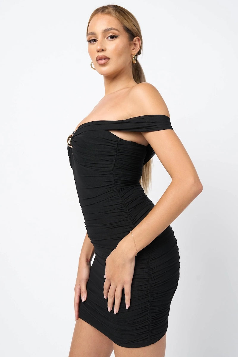 Luxe Mesh Twist Ring W/ Keyhole Off Shoulder Dress