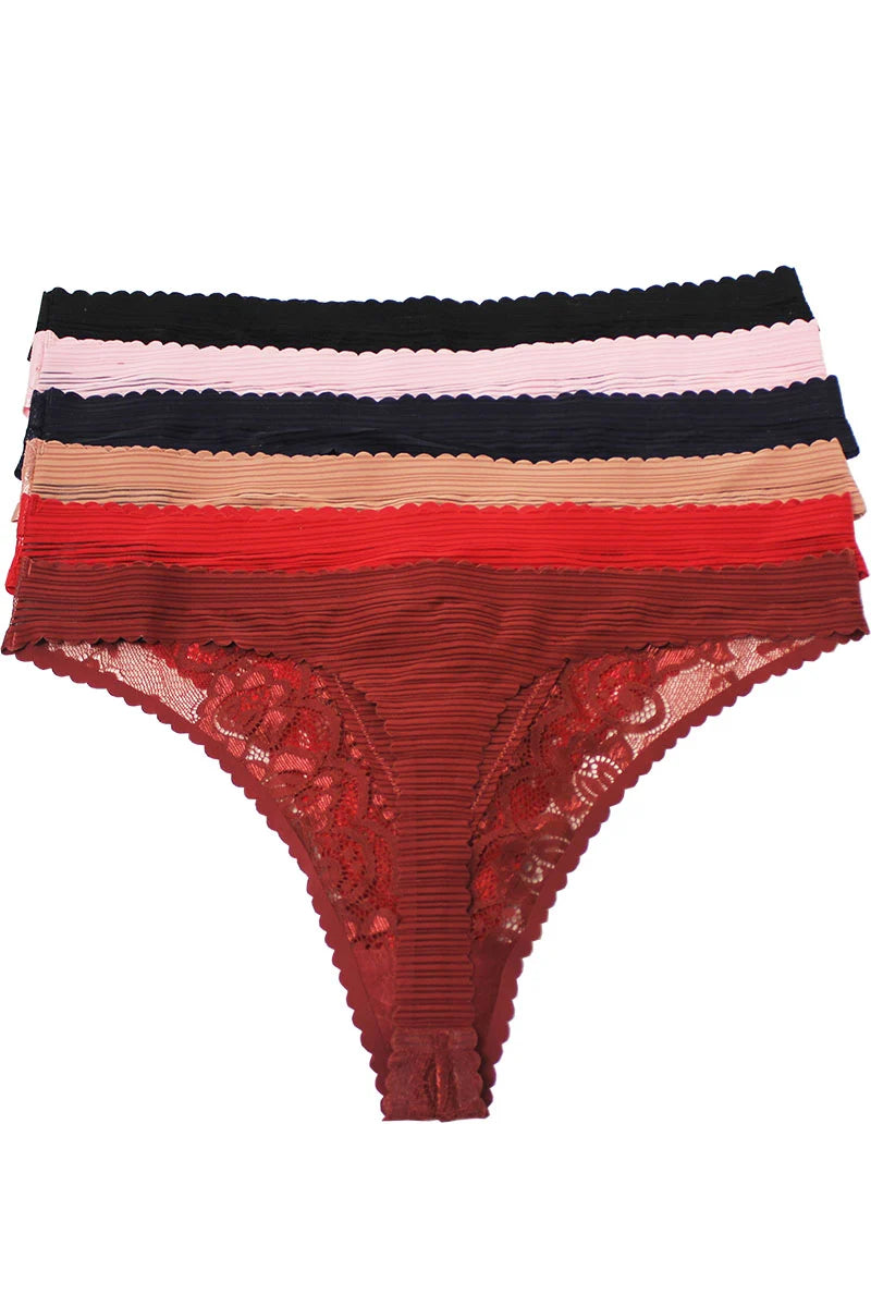 Stack of lace-trimmed underwear with colorful waistbands on a white background