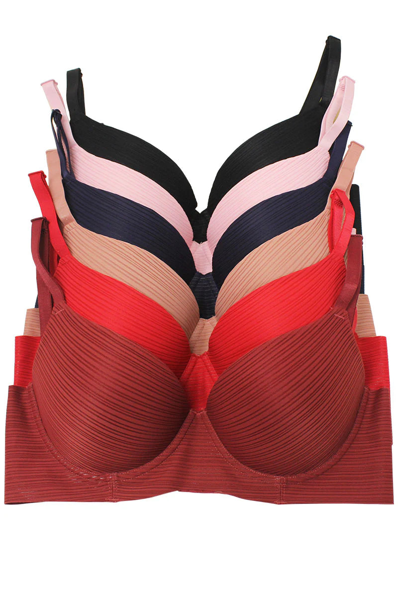Multicolored bras on a white background