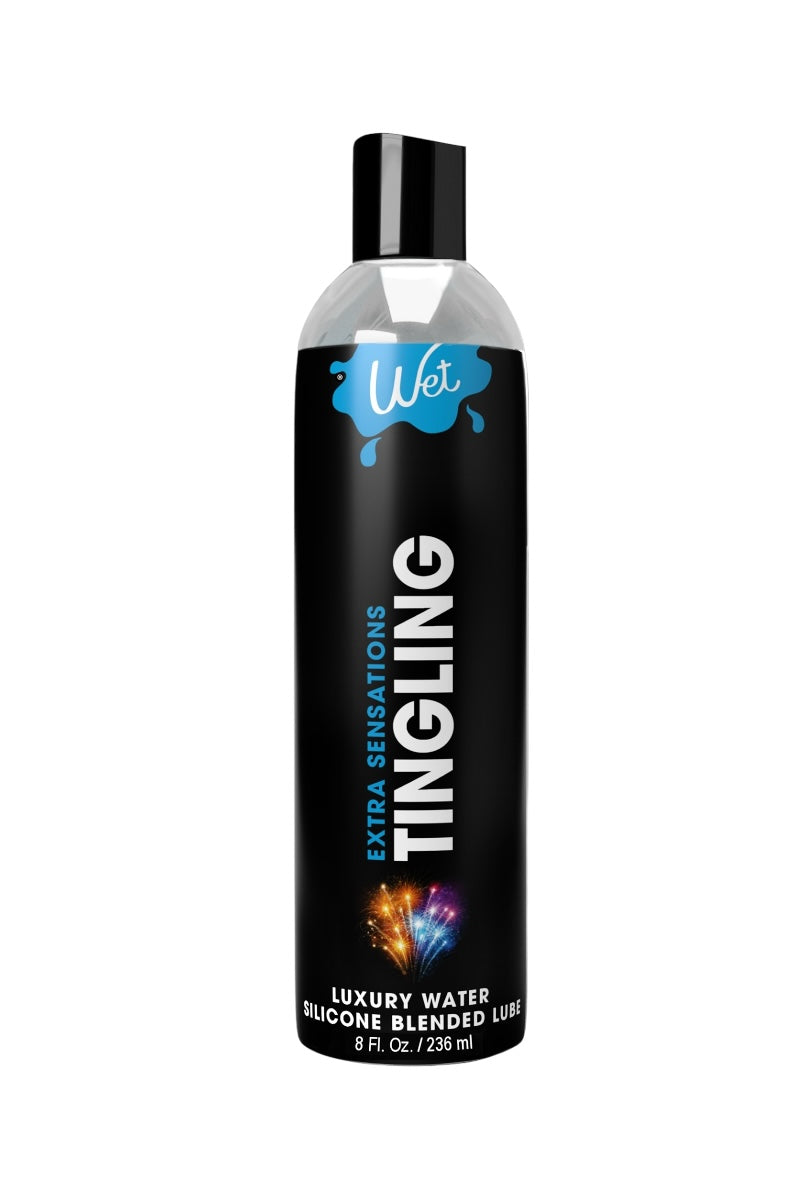 Bottle of Wet Tingling lubricant on a white background