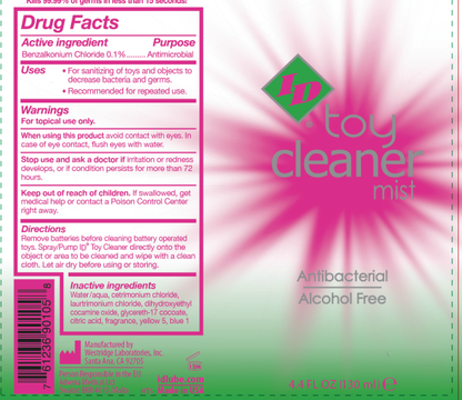Toy cleaner mist label with pink and green design