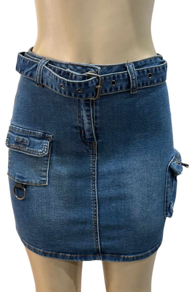 Blue denim skirt on a mannequin with a white background