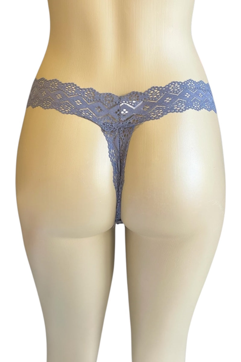 Blue lace thong on a mannequin against a white background