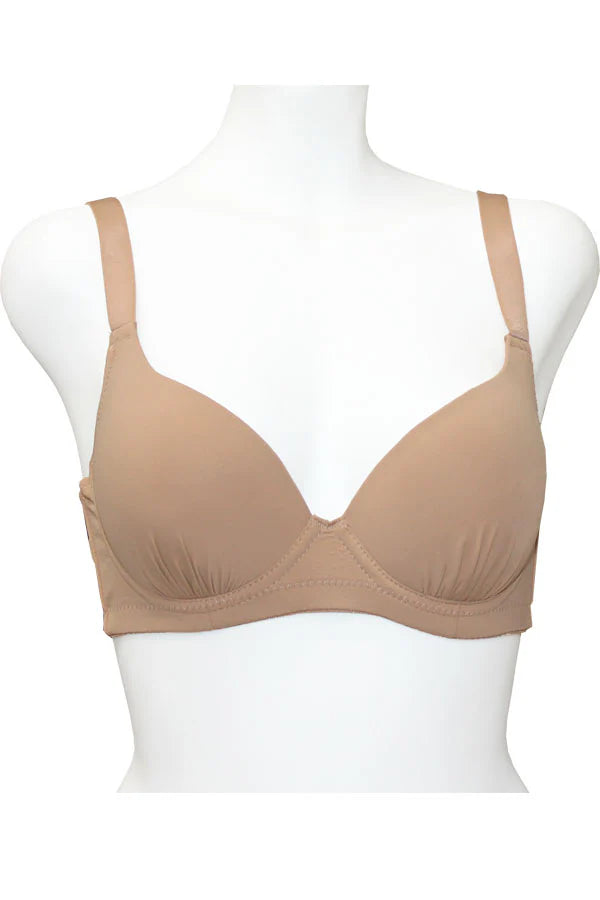 Tan bra on a white mannequin with a plain background