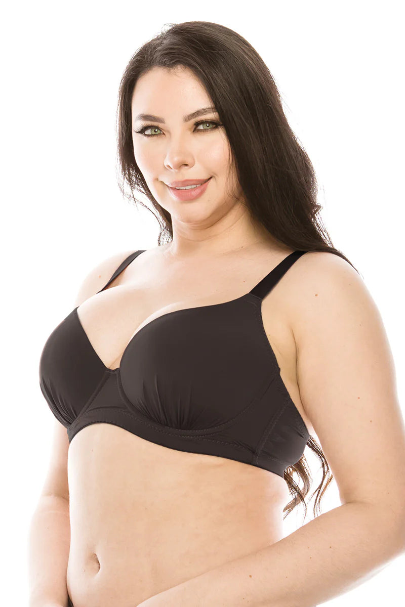 Woman wearing a black bra on a white background
