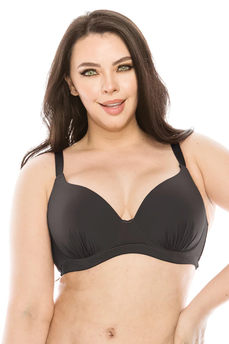 Woman wearing a black bra on a white background