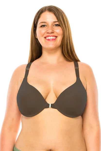 Woman wearing a black bra on a white background