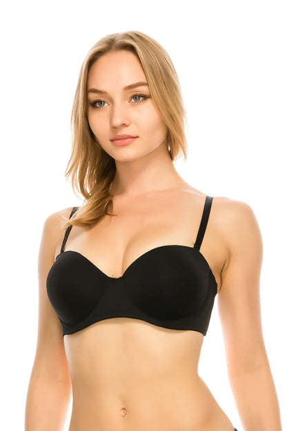 Woman wearing a black bra on a white background