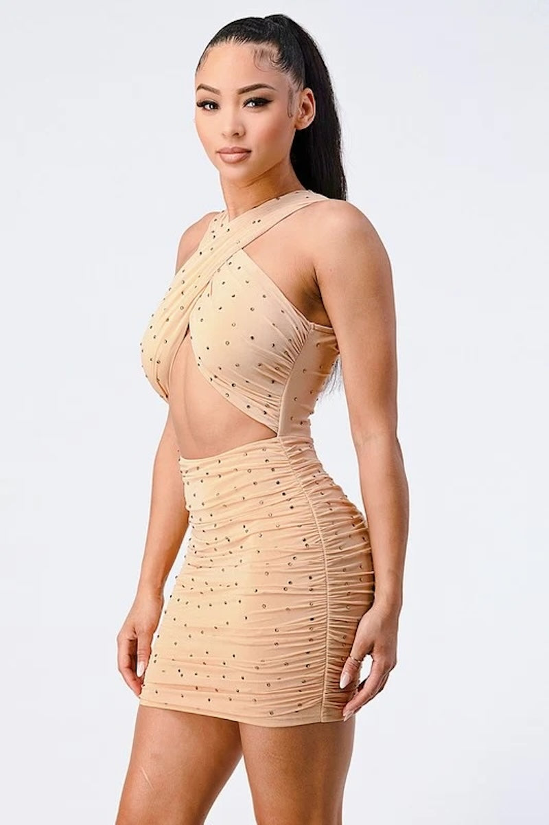 cut out crossover mini dress Our hottest 'Casey Mini Dress in Black' Featuring crossover bust panels for a cut-out look, delicate halter straps, and a fitted mini skirt, this dress is made to turn heads.