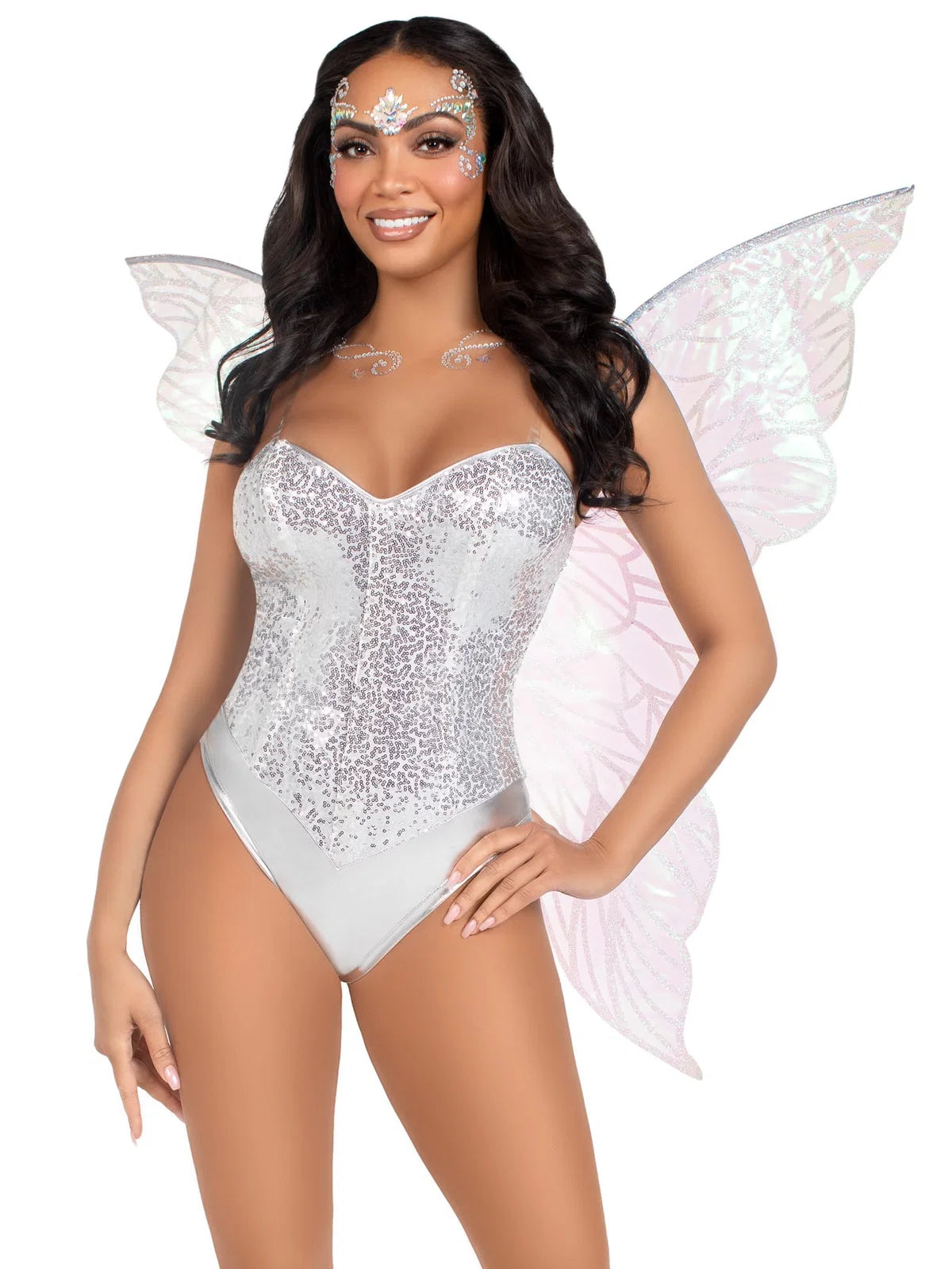 A woman modeling a silver fairy costume with a sequined strapless bodysuit, translucent white wings, and matching silver headpiece against a plain white background.