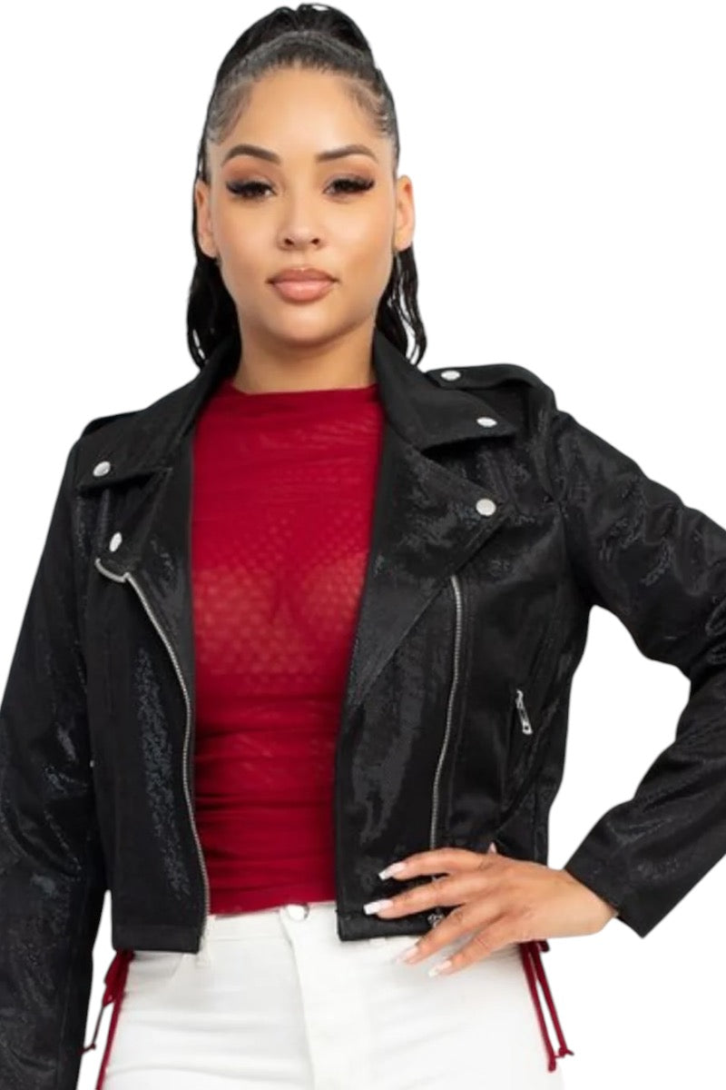 Shiny Mesh Zipper Biker Jacket