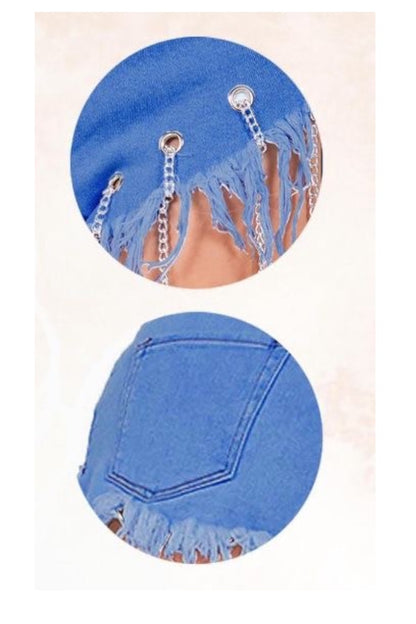 Raw Trim Chain Tassel Denim Shorts
