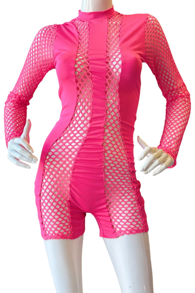 A bright pink long-sleeve romper with a high mock neck, fitted shorts, and prominent fishnet mesh panels on the front and sleeves, displayed on a white mannequin against a white background.
