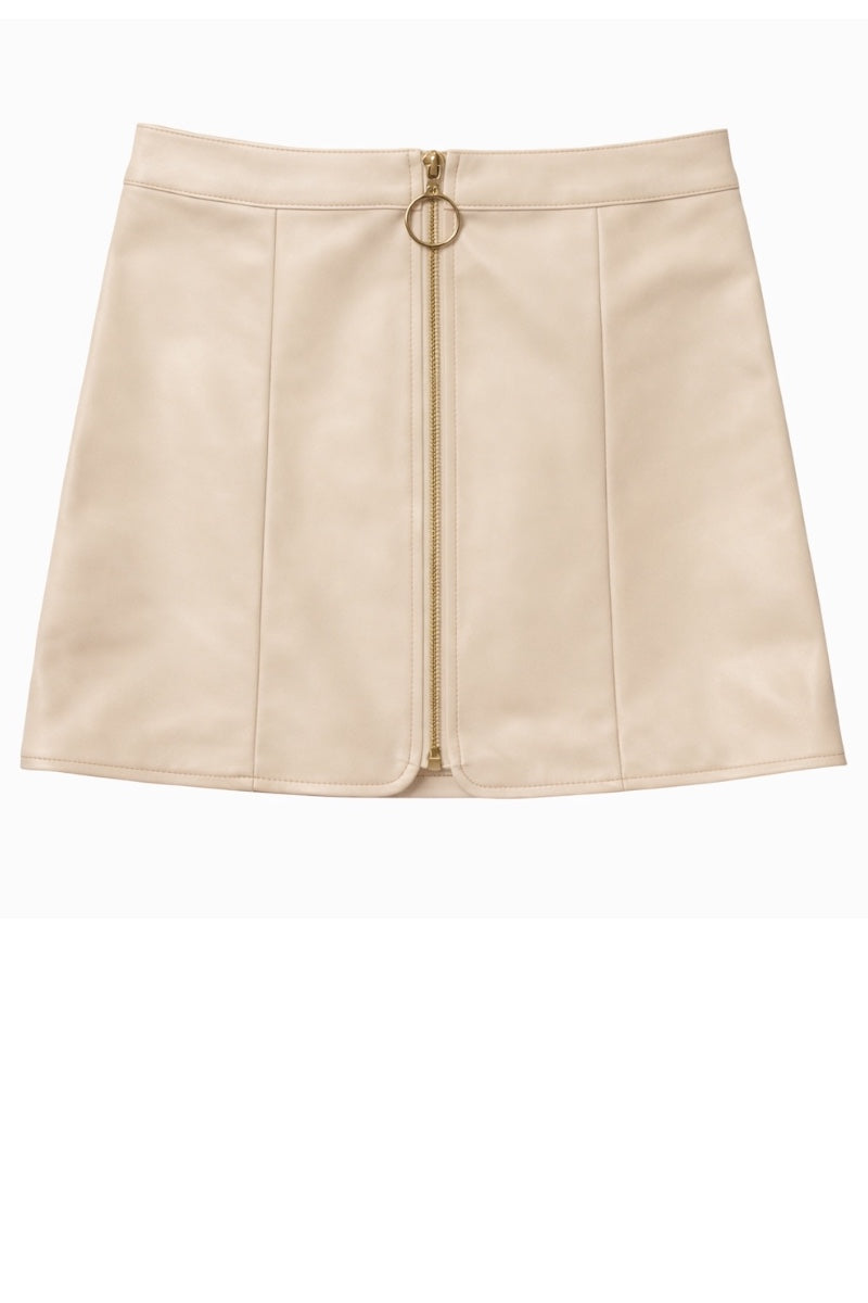 Beige skirt with a gold zipper on a white background
