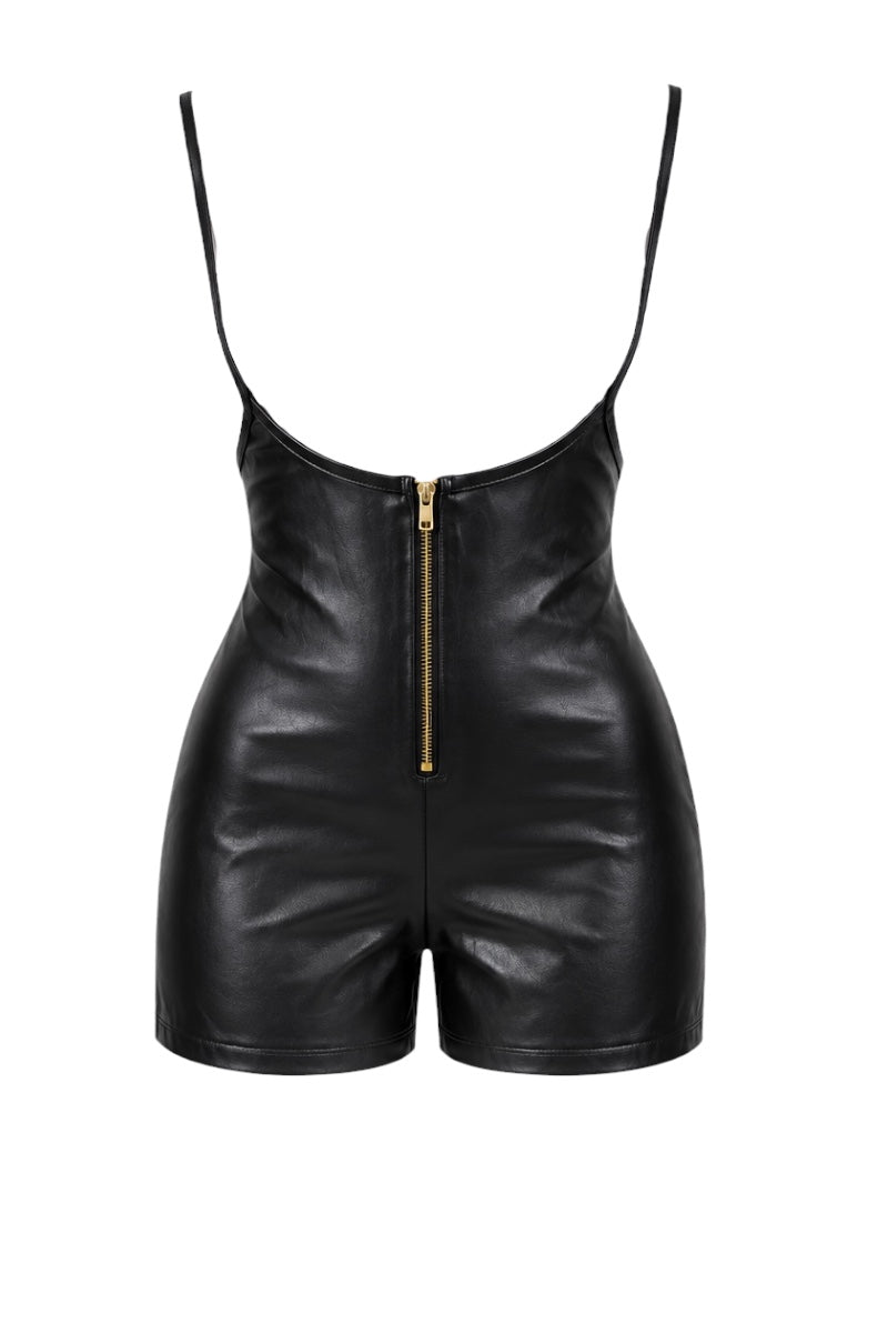 Black faux leather high-waisted romper with thin shoulder straps and a gold front zipper, shown on a plain white background.