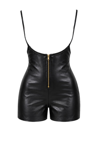 Black faux leather high-waisted romper with thin shoulder straps and a gold front zipper, shown on a plain white background.