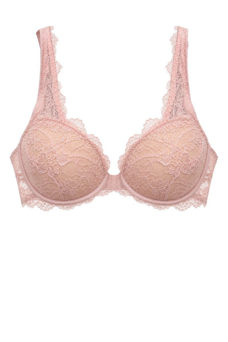 Blush pink underwire bra with floral lace cups, scalloped lace shoulder straps, and a sheer lace back on a white background. 
