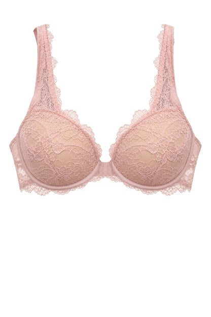 Blush pink underwire bra with floral lace cups, scalloped lace shoulder straps, and a sheer lace back on a white background. 