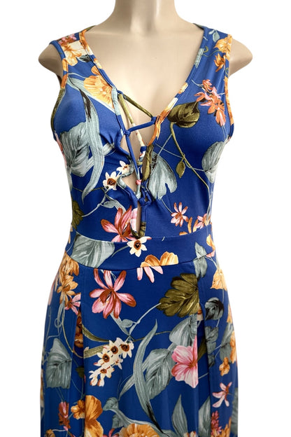 Floral dress on a mannequin with a blue background