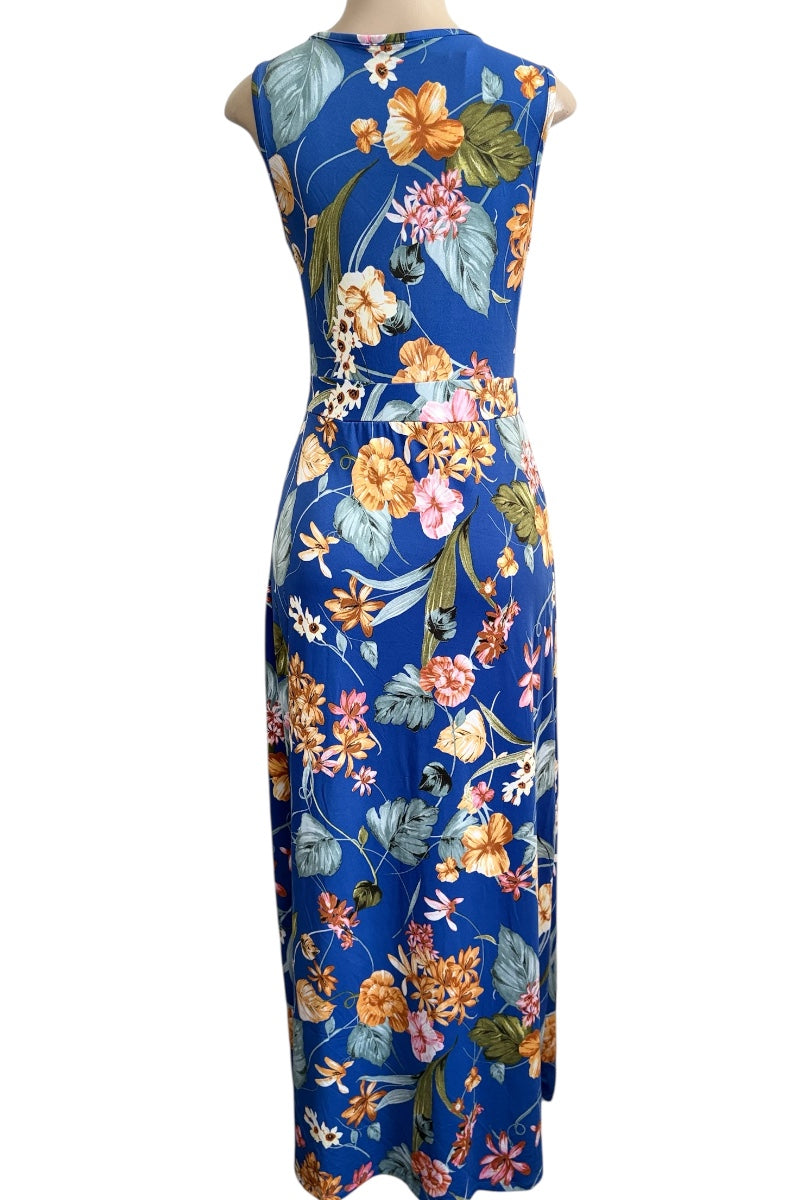 Blue floral dress on a mannequin against a white background