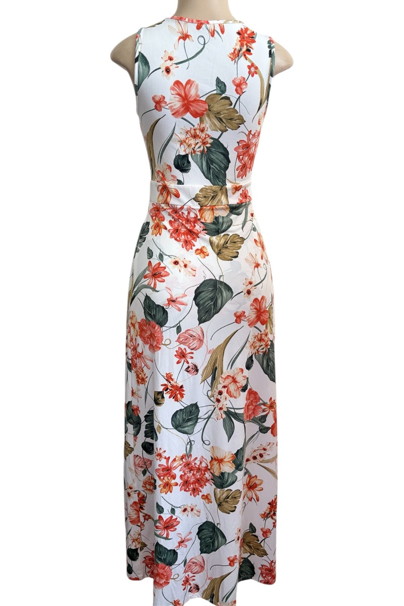 Floral dress on a mannequin against a white background
