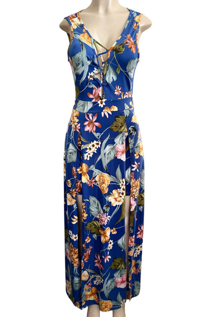 Floral dress on a mannequin against a white background