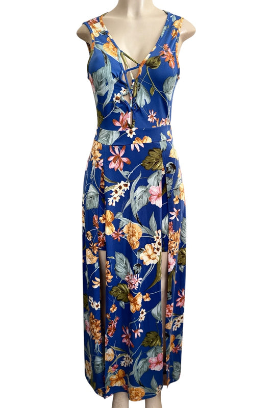 Floral dress on a mannequin against a white background