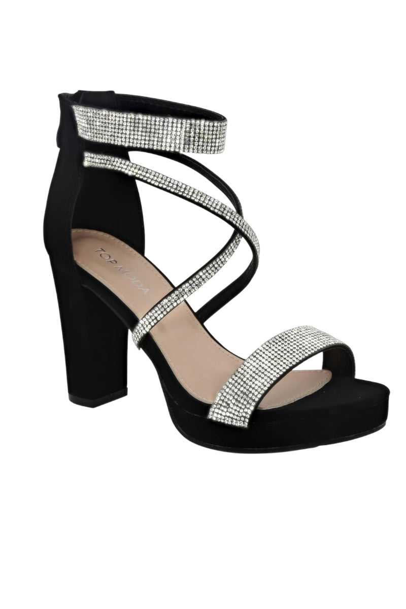 Ankle Strap Crossed Rhinestone Platform Heels