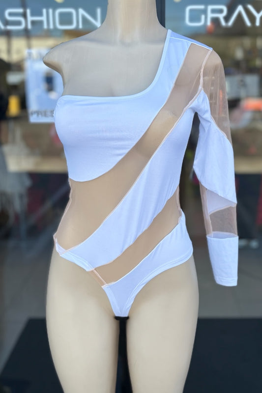 white and beige one sleeve bodysuit on a mannequin