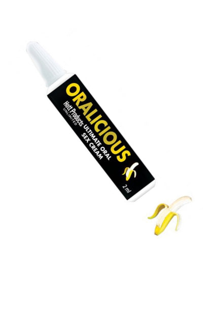 Tube of 'ORALICIOUS' cream with a banana flavor image on a white background
