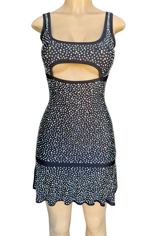 Black rhinestone dress on a mannequin against a white background