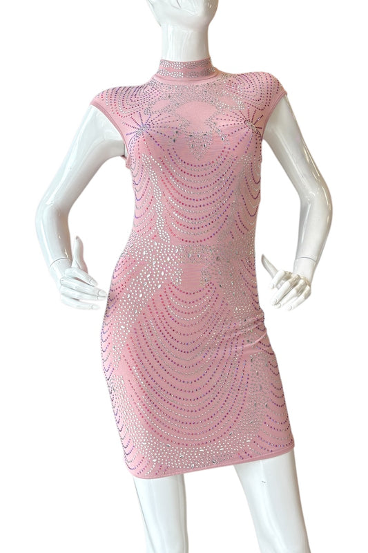 Pink Rhinestone Mesh Illusion Mini Dress