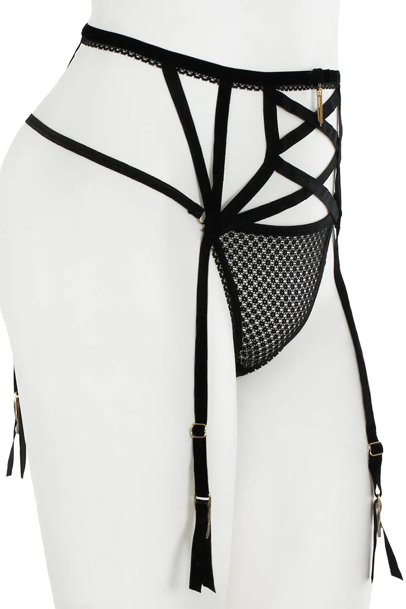 Black strappy garter belt with mesh panels on a white background