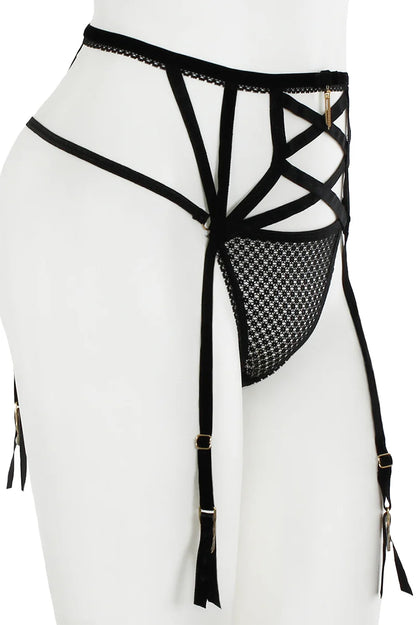 Black strappy garter belt with mesh panels on a white background
