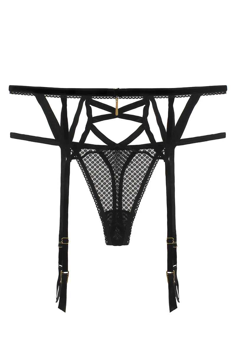 Black Garter with mesh thong on a white background