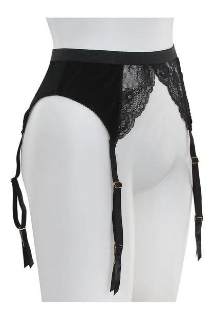 Black lace garter belt on a mannequin against a white background
